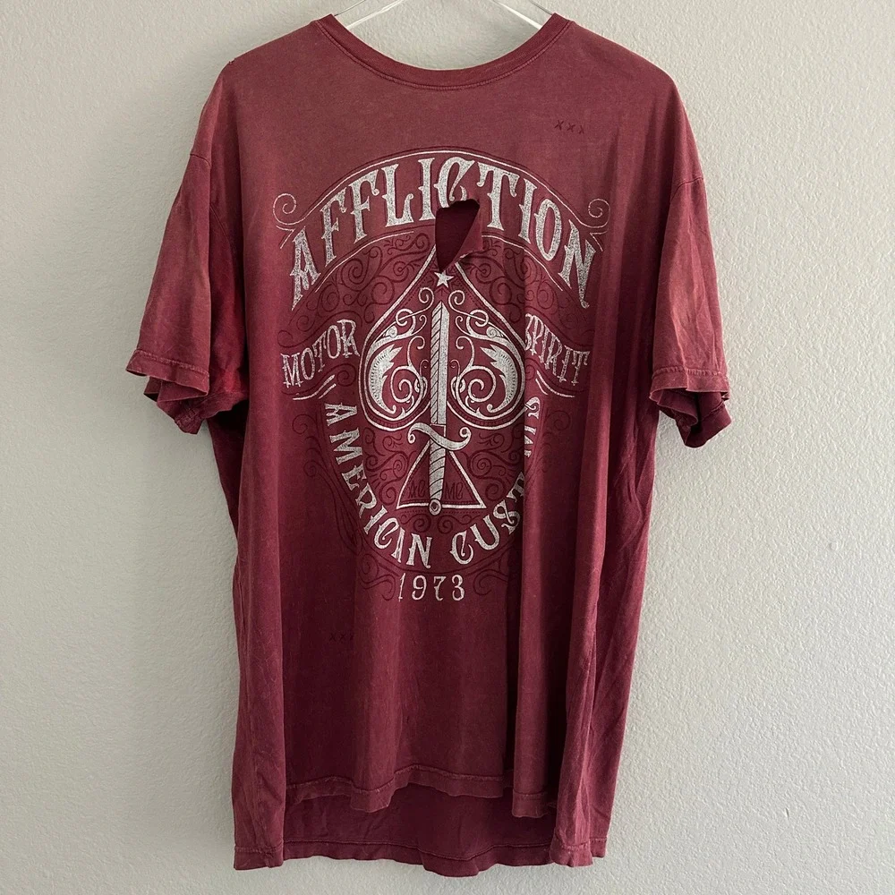 Affliction T-Shirt Mens 2XL Red American Customs Skull Biker Graphic Distressed